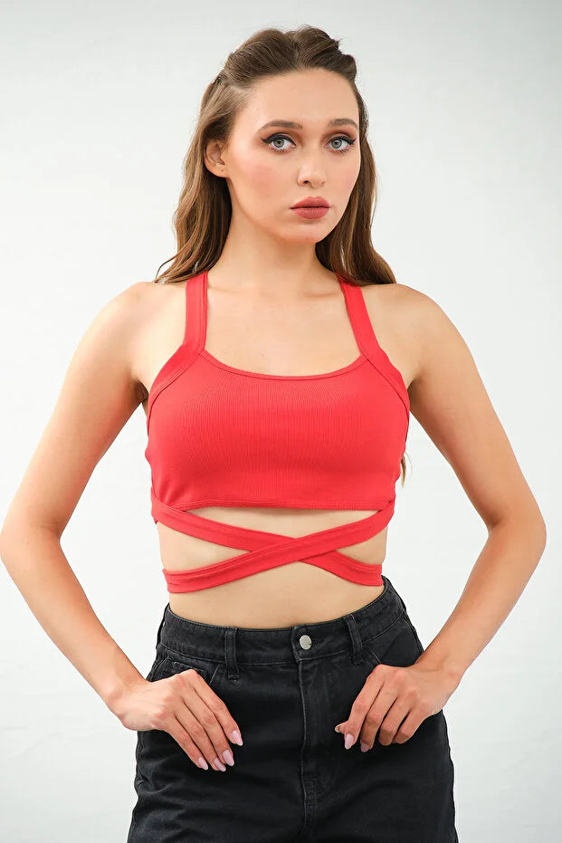PUNKY CAT Kadın Çapraz Askılı Bağlamalı Crop Top Büstiyer - CRP002