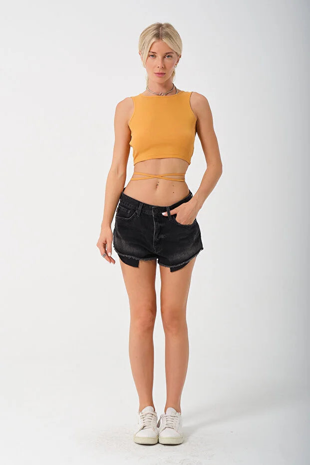 PUNKY CAT Kadın Sırtı Açık Çapraz Bağlamalı Crop Top Bluz - CRP001
