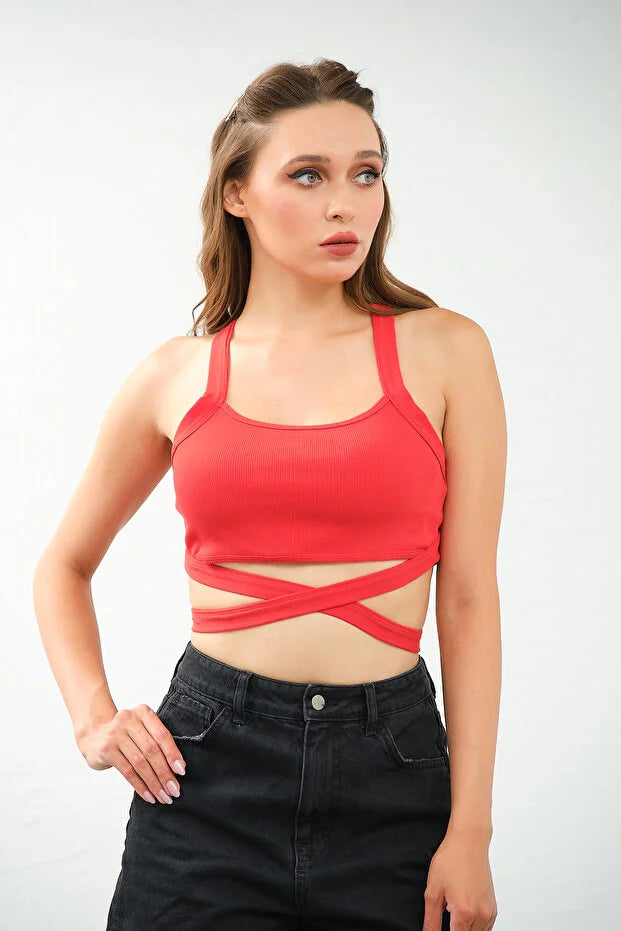 PUNKY CAT Kadın Çapraz Askılı Bağlamalı Crop Top Büstiyer - CRP002