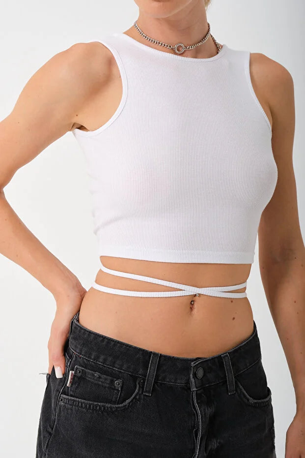 PUNKY CAT Kadın Sırtı Açık Çapraz Bağlamalı Crop Top Bluz - CRP001