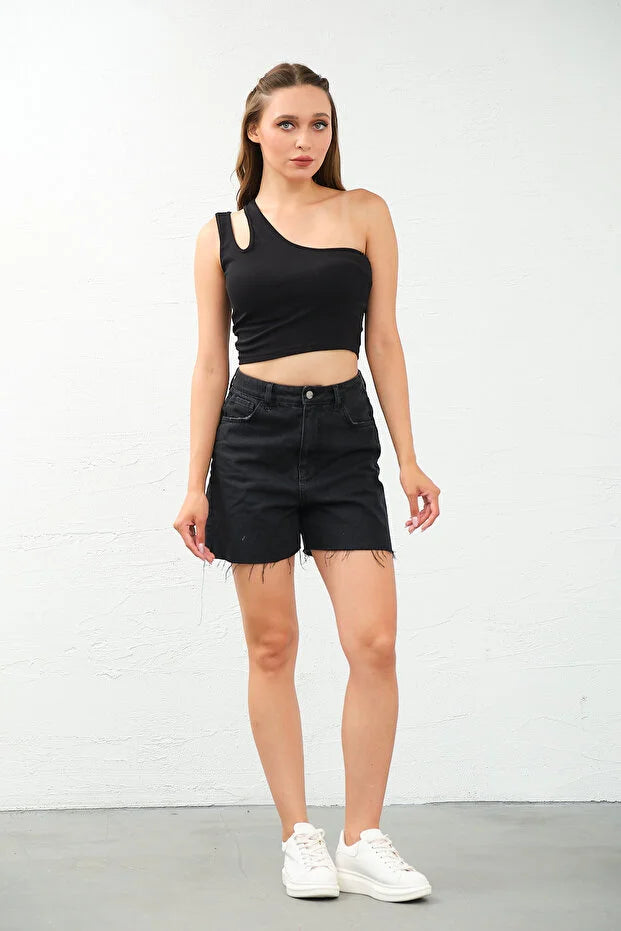 PUNKY CAT Kadın Tek Omuz Cut Out Detaylı Crop Top Bluz - TS010