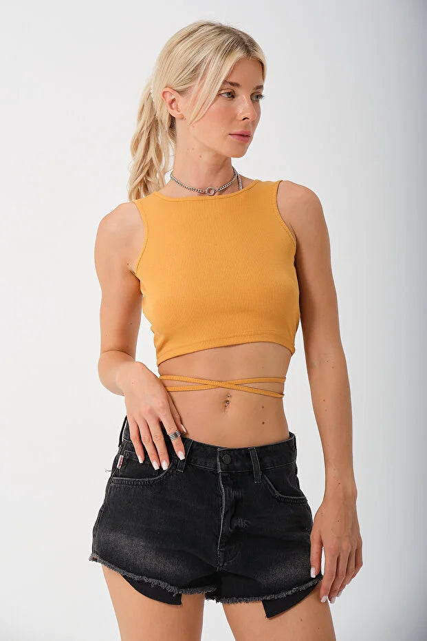 PUNKY CAT Kadın Sırtı Açık Çapraz Bağlamalı Crop Top Bluz - CRP001