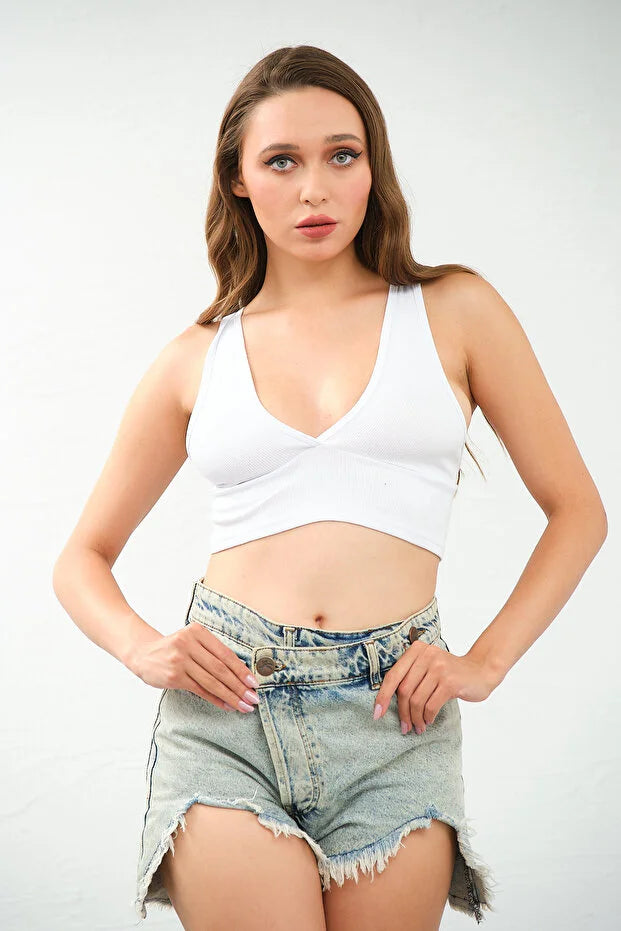 PUNKY CAT Kadın Derin Göğüs Dekolteli, Çapraz Sırt Detaylı Şık Crop Top Bluz - CRP003