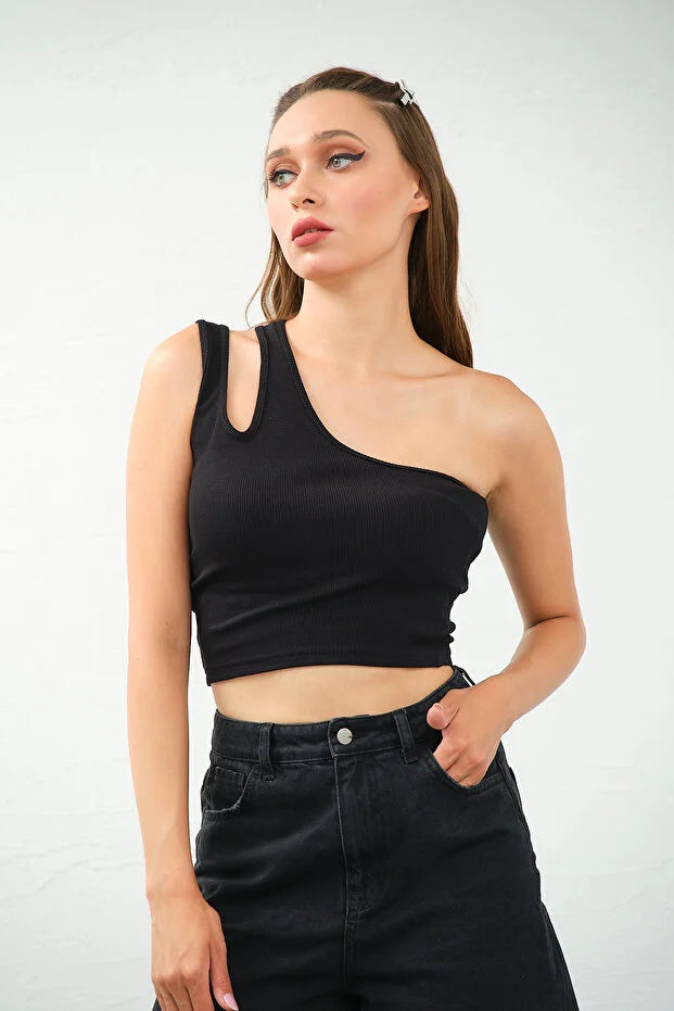 PUNKY CAT Kadın Tek Omuz Cut Out Detaylı Crop Top Bluz - TS010