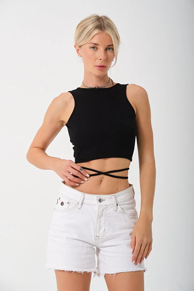 PUNKY CAT Kadın Sırtı Açık Çapraz Bağlamalı Crop Top Bluz - CRP001