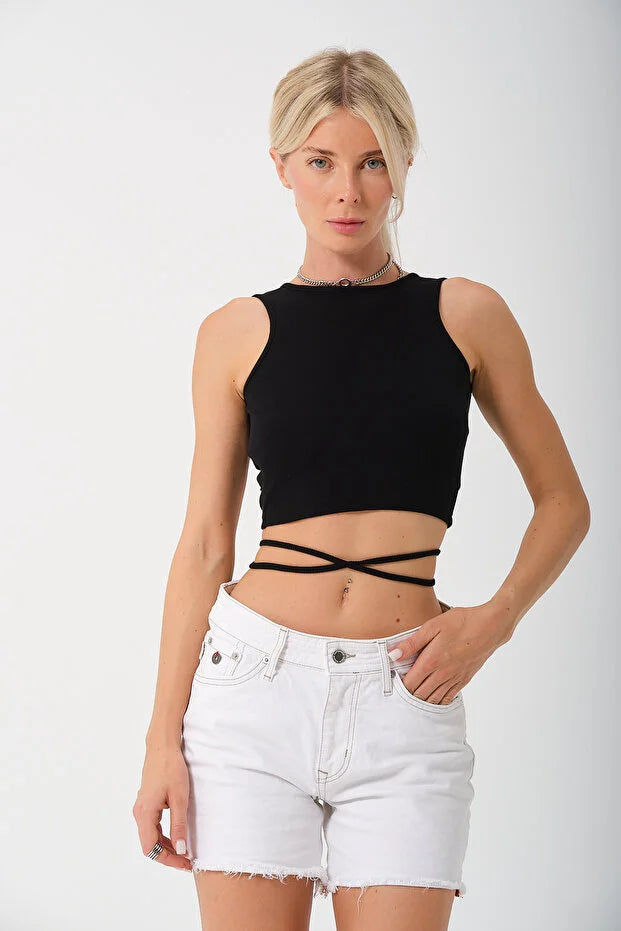 PUNKY CAT Kadın Sırtı Açık Çapraz Bağlamalı Crop Top Bluz - CRP001