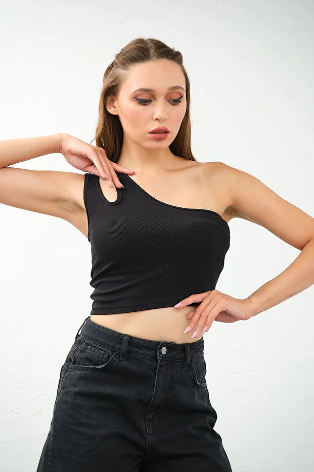 PUNKY CAT Kadın Tek Omuz Cut Out Detaylı Crop Top Bluz - TS010