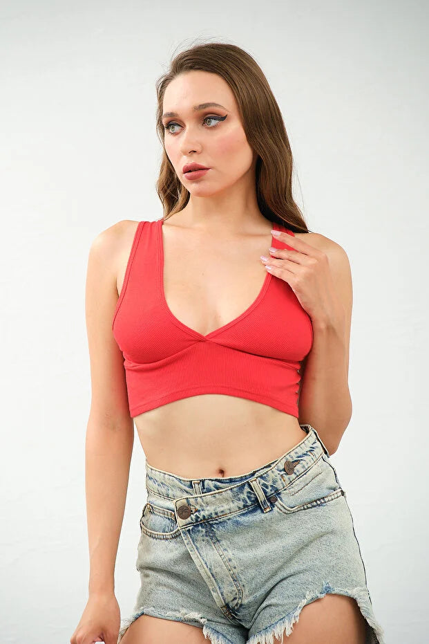 PUNKY CAT Kadın Derin Göğüs Dekolteli, Çapraz Sırt Detaylı Şık Crop Top Bluz - CRP003