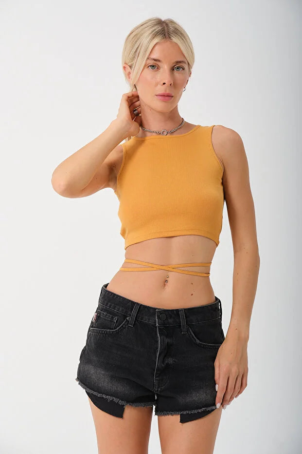PUNKY CAT Kadın Sırtı Açık Çapraz Bağlamalı Crop Top Bluz - CRP001