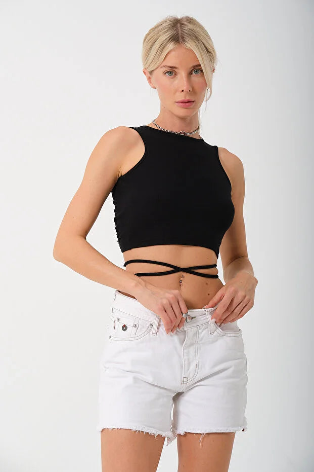 PUNKY CAT Kadın Sırtı Açık Çapraz Bağlamalı Crop Top Bluz - CRP001