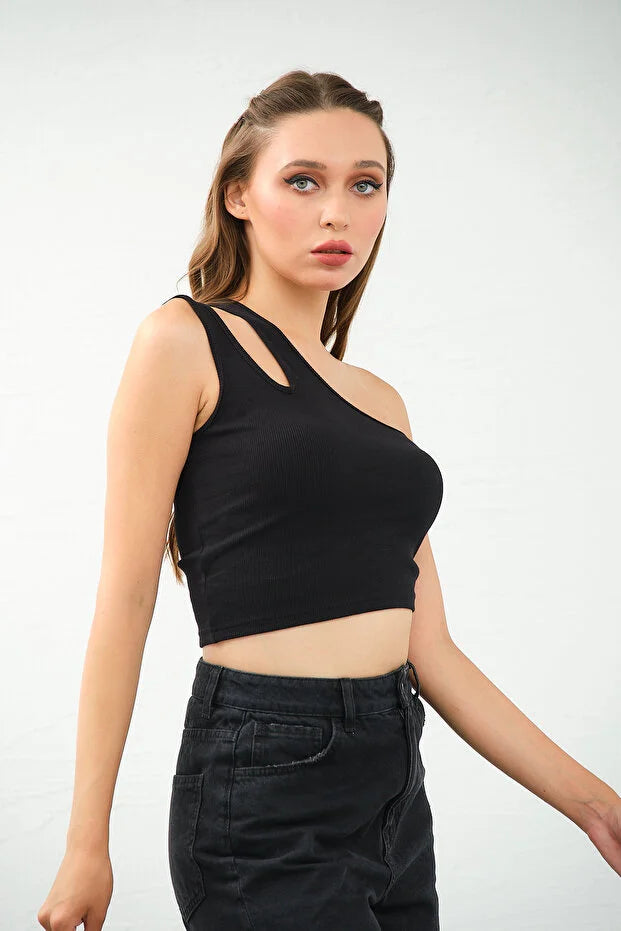 PUNKY CAT Kadın Tek Omuz Cut Out Detaylı Crop Top Bluz - TS010