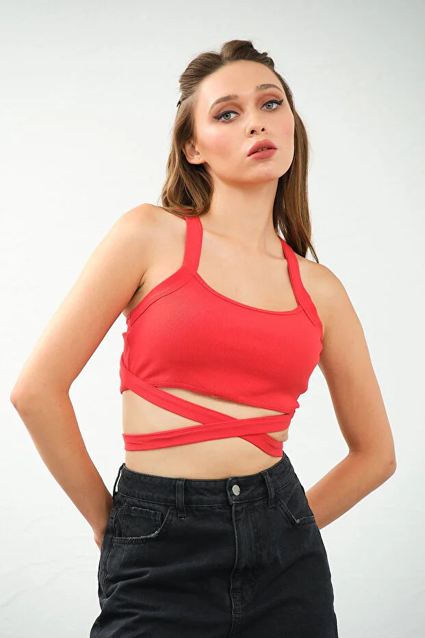 PUNKY CAT Kadın Çapraz Askılı Bağlamalı Crop Top Büstiyer - CRP002