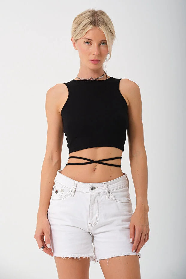 PUNKY CAT Kadın Sırtı Açık Çapraz Bağlamalı Crop Top Bluz - CRP001