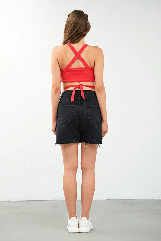 PUNKY CAT Kadın Çapraz Askılı Bağlamalı Crop Top Büstiyer - CRP002