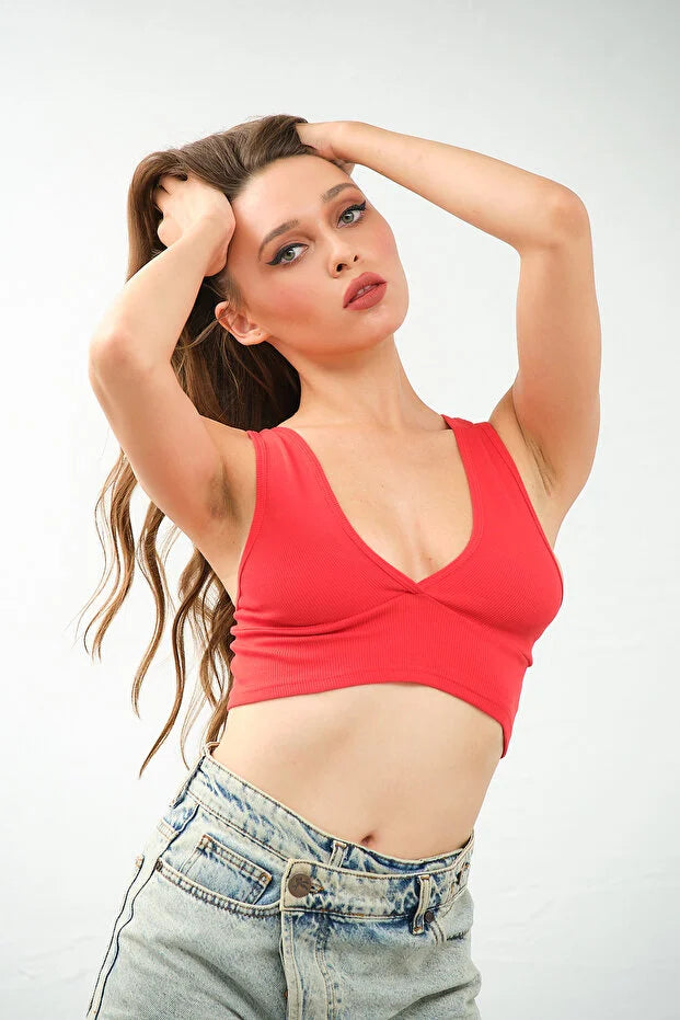 PUNKY CAT Kadın Derin Göğüs Dekolteli, Çapraz Sırt Detaylı Şık Crop Top Bluz - CRP003