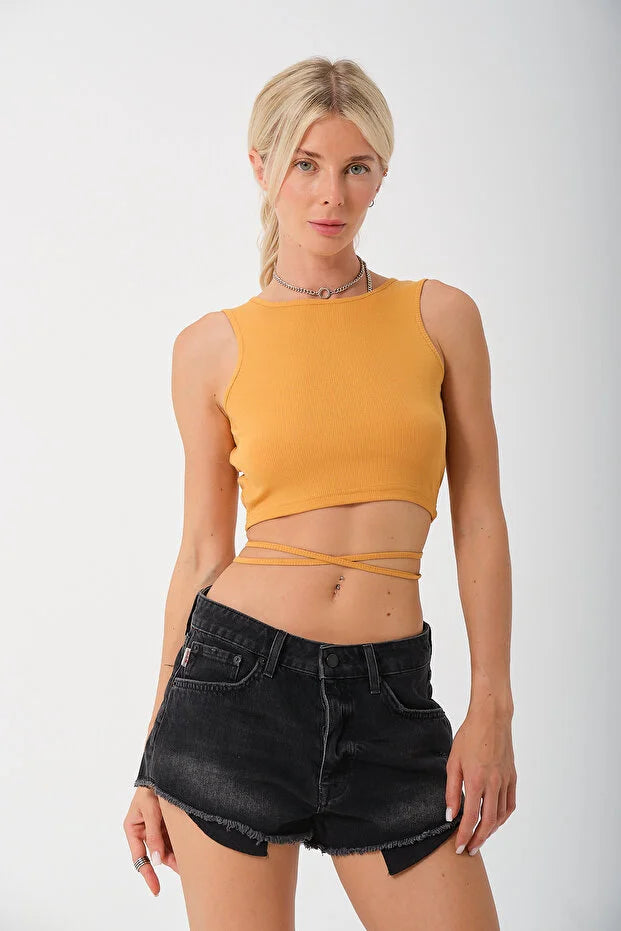 PUNKY CAT Kadın Sırtı Açık Çapraz Bağlamalı Crop Top Bluz - CRP001