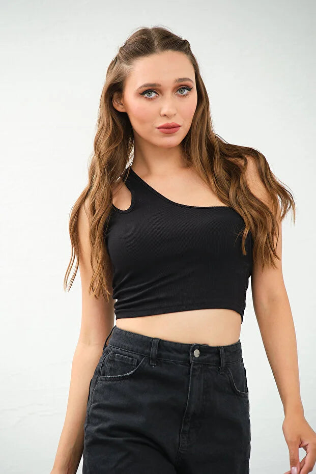 PUNKY CAT Kadın Tek Omuz Cut Out Detaylı Crop Top Bluz - TS010