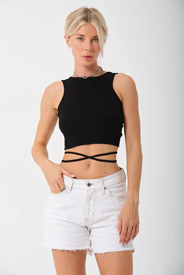 PUNKY CAT Kadın Sırtı Açık Çapraz Bağlamalı Crop Top Bluz - CRP001