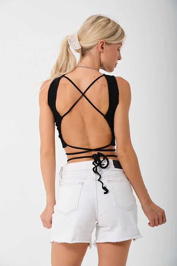 PUNKY CAT Kadın Sırtı Açık Çapraz Bağlamalı Crop Top Bluz - CRP001