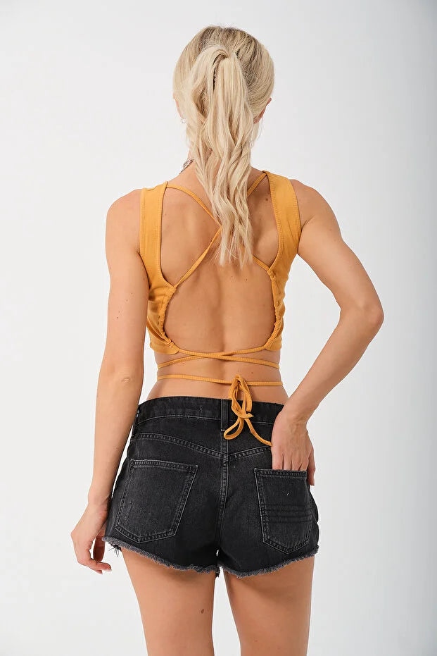 PUNKY CAT Kadın Sırtı Açık Çapraz Bağlamalı Crop Top Bluz - CRP001