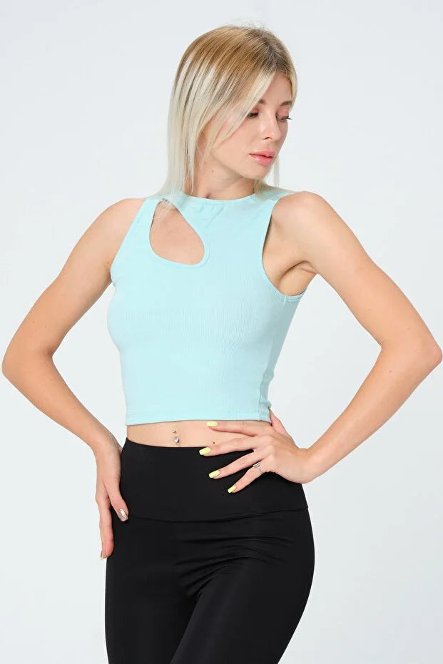 PUNKY CAT Kadın Yaka Detaylı Kolsuz Crop Örme Bluz - BZ008