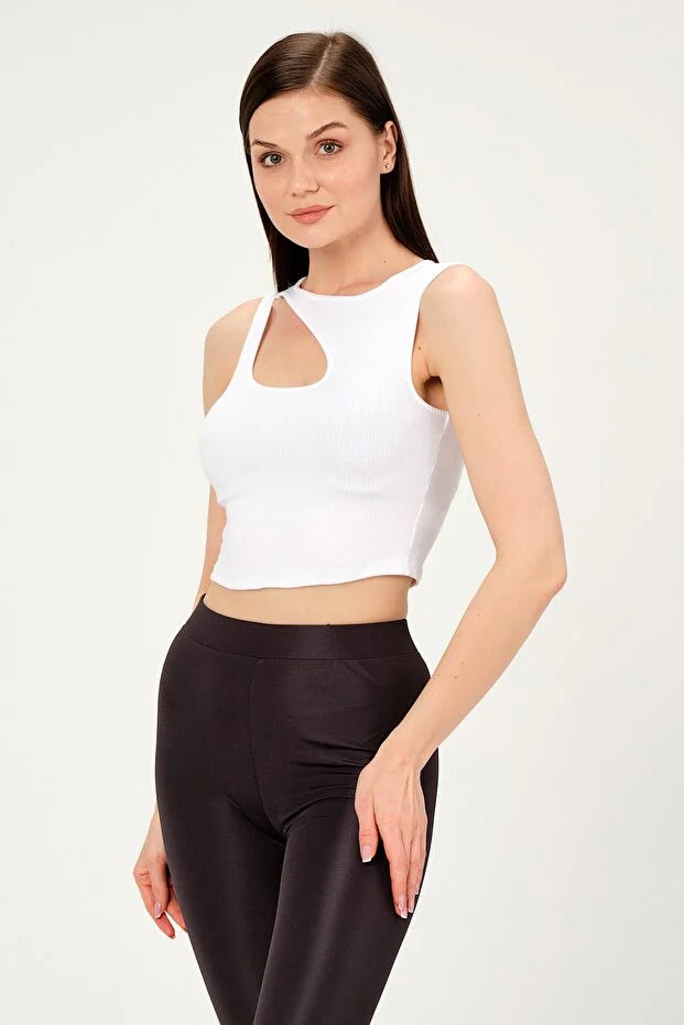 PUNKY CAT Kadın Yaka Detaylı Kolsuz Crop Örme Bluz - BZ008