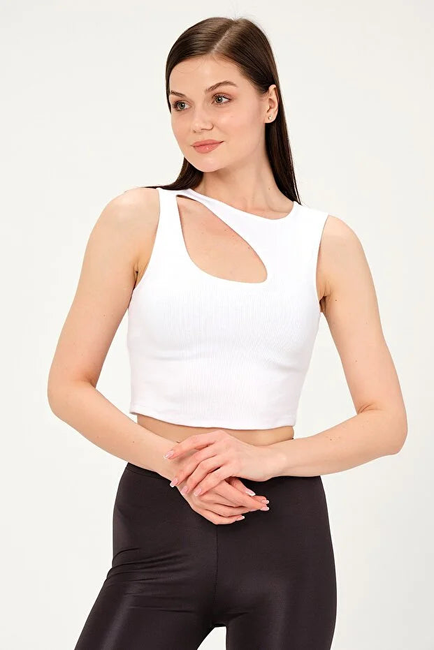 PUNKY CAT Kadın Yaka Detaylı Kolsuz Crop Örme Bluz - BZ008