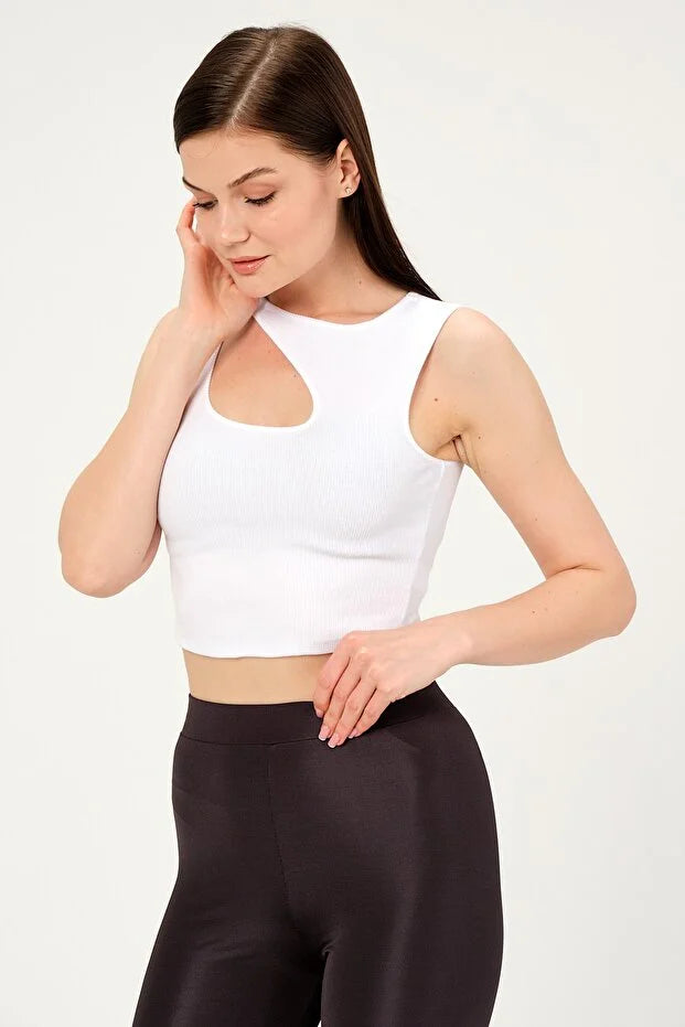 PUNKY CAT Kadın Yaka Detaylı Kolsuz Crop Örme Bluz - BZ008