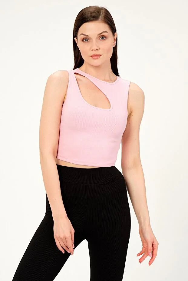 PUNKY CAT Kadın Yaka Detaylı Kolsuz Crop Örme Bluz - BZ008