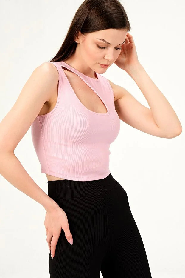 PUNKY CAT Kadın Yaka Detaylı Kolsuz Crop Örme Bluz - BZ008