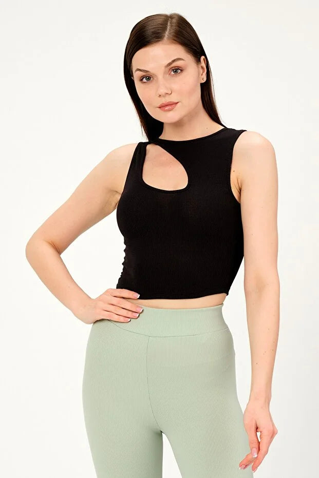 PUNKY CAT Kadın Yaka Detaylı Kolsuz Crop Örme Bluz - BZ008