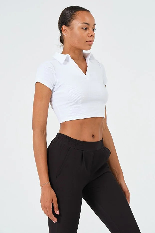 PUNKY CAT Kadın Polo Yaka Kısa Kollu Crop T-Shirt - BZ014