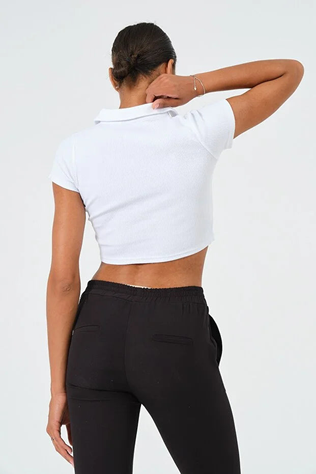 PUNKY CAT Kadın Polo Yaka Kısa Kollu Crop T-Shirt - BZ014