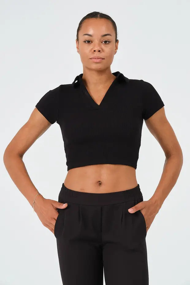 PUNKY CAT Kadın Polo Yaka Kısa Kollu Crop T-Shirt - BZ014