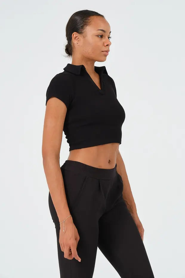 PUNKY CAT Kadın Polo Yaka Kısa Kollu Crop T-Shirt - BZ014