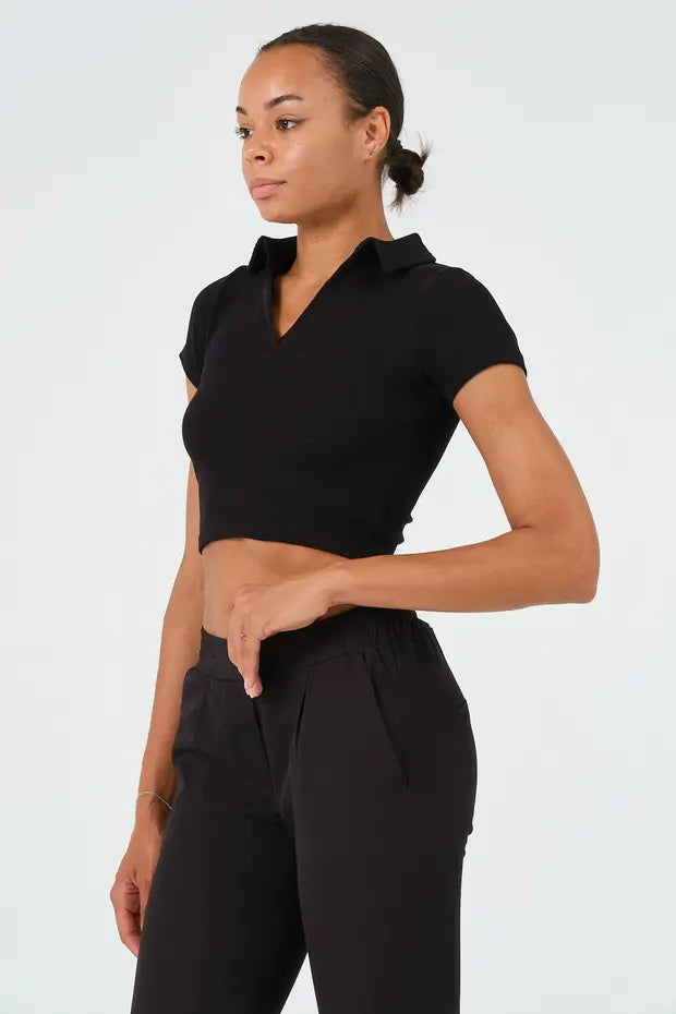 PUNKY CAT Kadın Polo Yaka Kısa Kollu Crop T-Shirt - BZ014