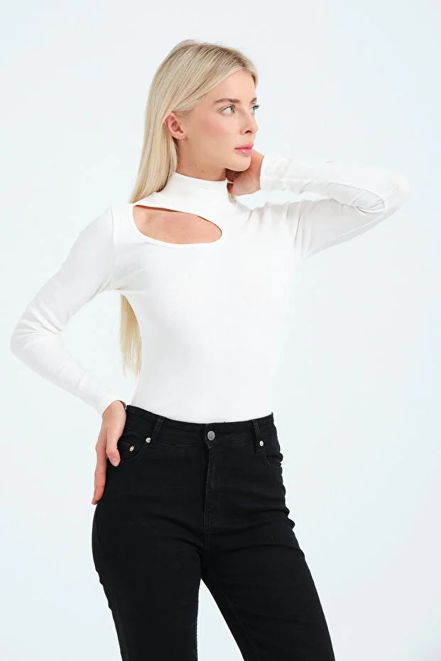 PUNKY CAT Kadın Cut Out Detaylı Balıkçı Yaka Fitilli Örme Bluz - BZ016