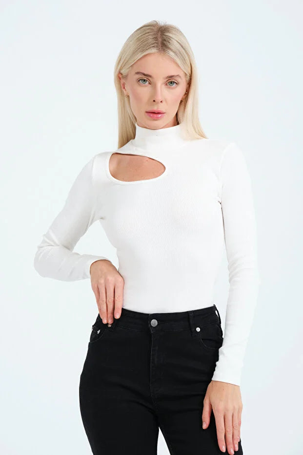 PUNKY CAT Kadın Cut Out Detaylı Balıkçı Yaka Fitilli Örme Bluz - BZ016