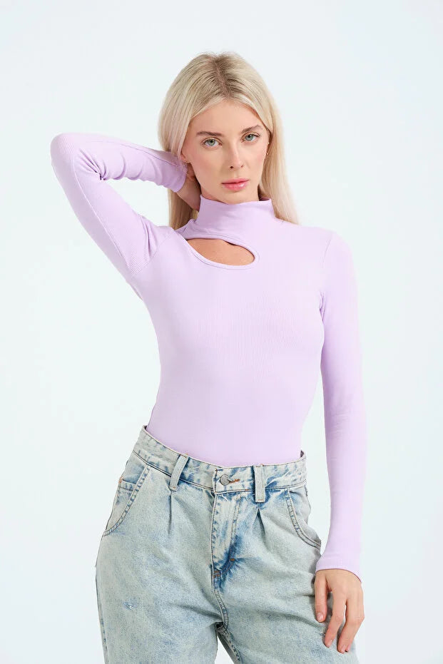 PUNKY CAT Kadın Cut Out Detaylı Balıkçı Yaka Fitilli Örme Bluz - BZ016