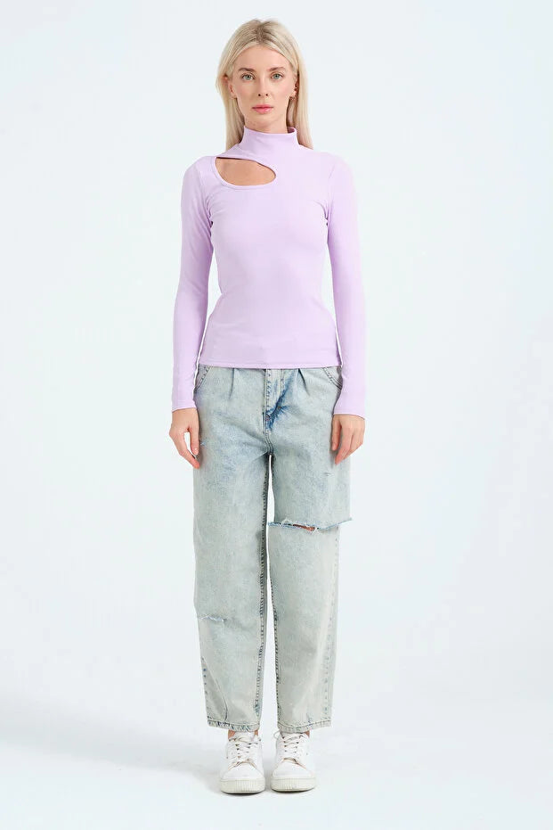 PUNKY CAT Kadın Cut Out Detaylı Balıkçı Yaka Fitilli Örme Bluz - BZ016