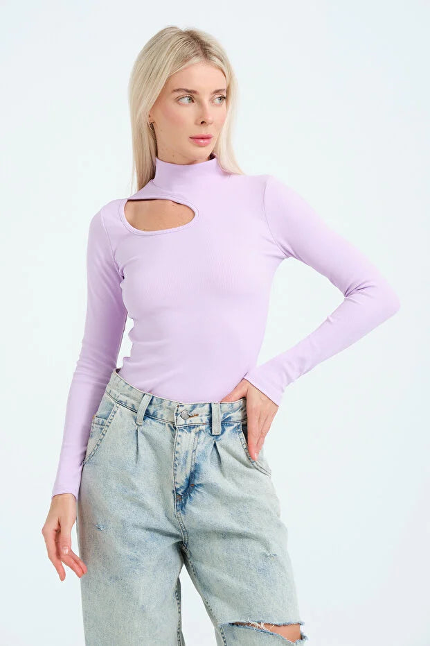 PUNKY CAT Kadın Cut Out Detaylı Balıkçı Yaka Fitilli Örme Bluz - BZ016