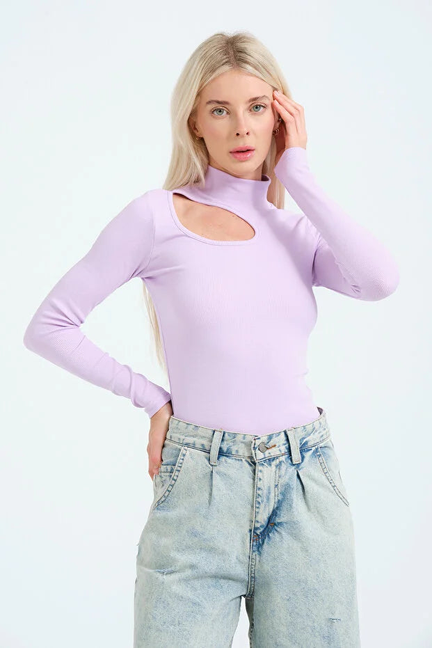 PUNKY CAT Kadın Cut Out Detaylı Balıkçı Yaka Fitilli Örme Bluz - BZ016