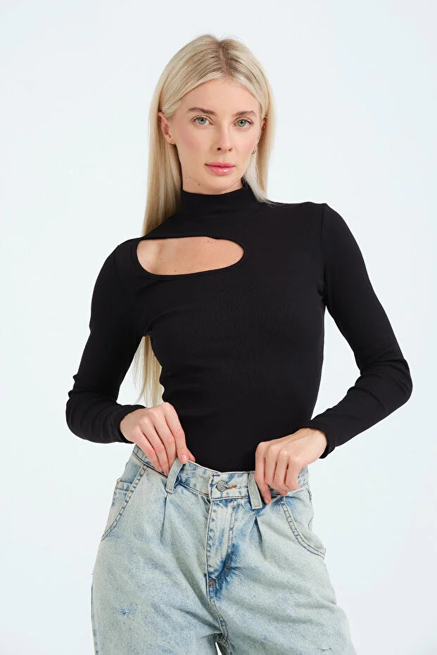 PUNKY CAT Kadın Cut Out Detaylı Balıkçı Yaka Fitilli Örme Bluz - BZ016