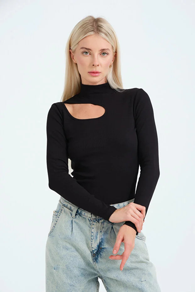 PUNKY CAT Kadın Cut Out Detaylı Balıkçı Yaka Fitilli Örme Bluz - BZ016