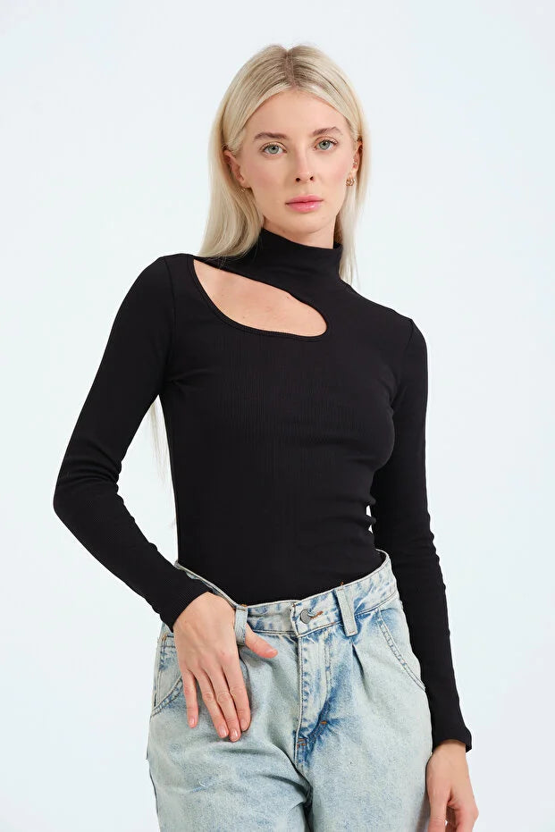 PUNKY CAT Kadın Cut Out Detaylı Balıkçı Yaka Fitilli Örme Bluz - BZ016