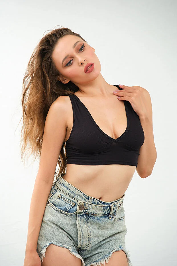 PUNKY CAT Kadın Derin Göğüs Dekolteli, Çapraz Sırt Detaylı Şık Crop Top Bluz - CRP003