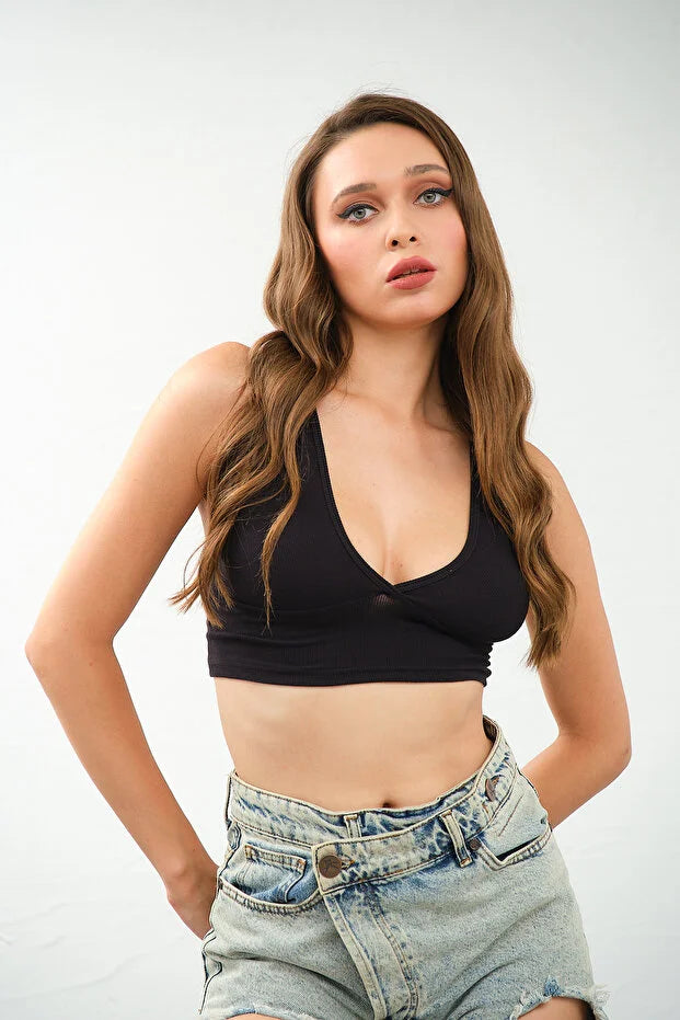PUNKY CAT Kadın Derin Göğüs Dekolteli, Çapraz Sırt Detaylı Şık Crop Top Bluz - CRP003