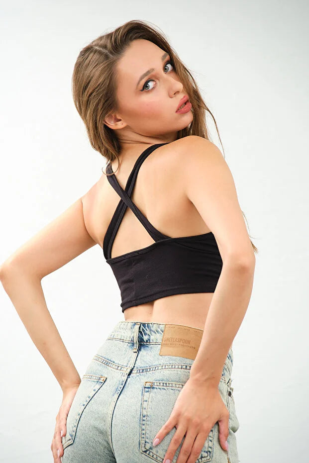 PUNKY CAT Kadın Derin Göğüs Dekolteli, Çapraz Sırt Detaylı Şık Crop Top Bluz - CRP003