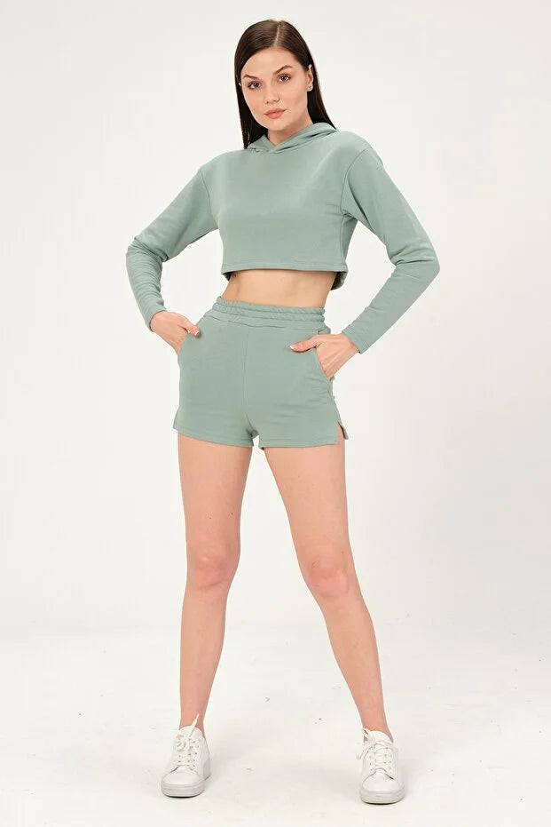 PUNKY CAT Kadın Kapüşonlu Crop Sweatshirt Ve Şortlu Takım - ET001