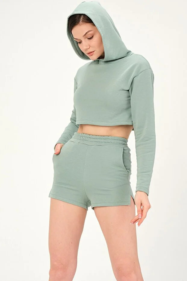 PUNKY CAT Kadın Kapüşonlu Crop Sweatshirt Ve Şortlu Takım - ET001